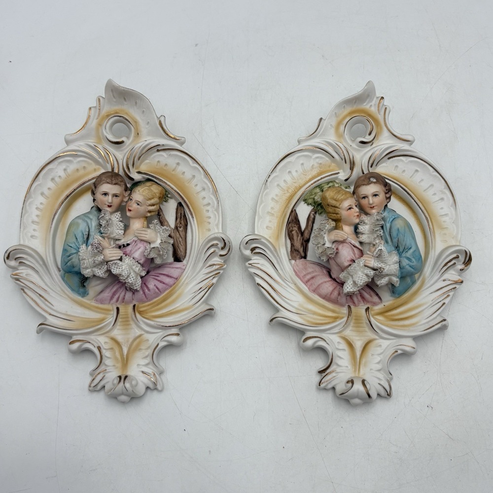 KPM Japan French Porcelain Wall Plaques Set of 2 Courting Couple 3D Rococo Style